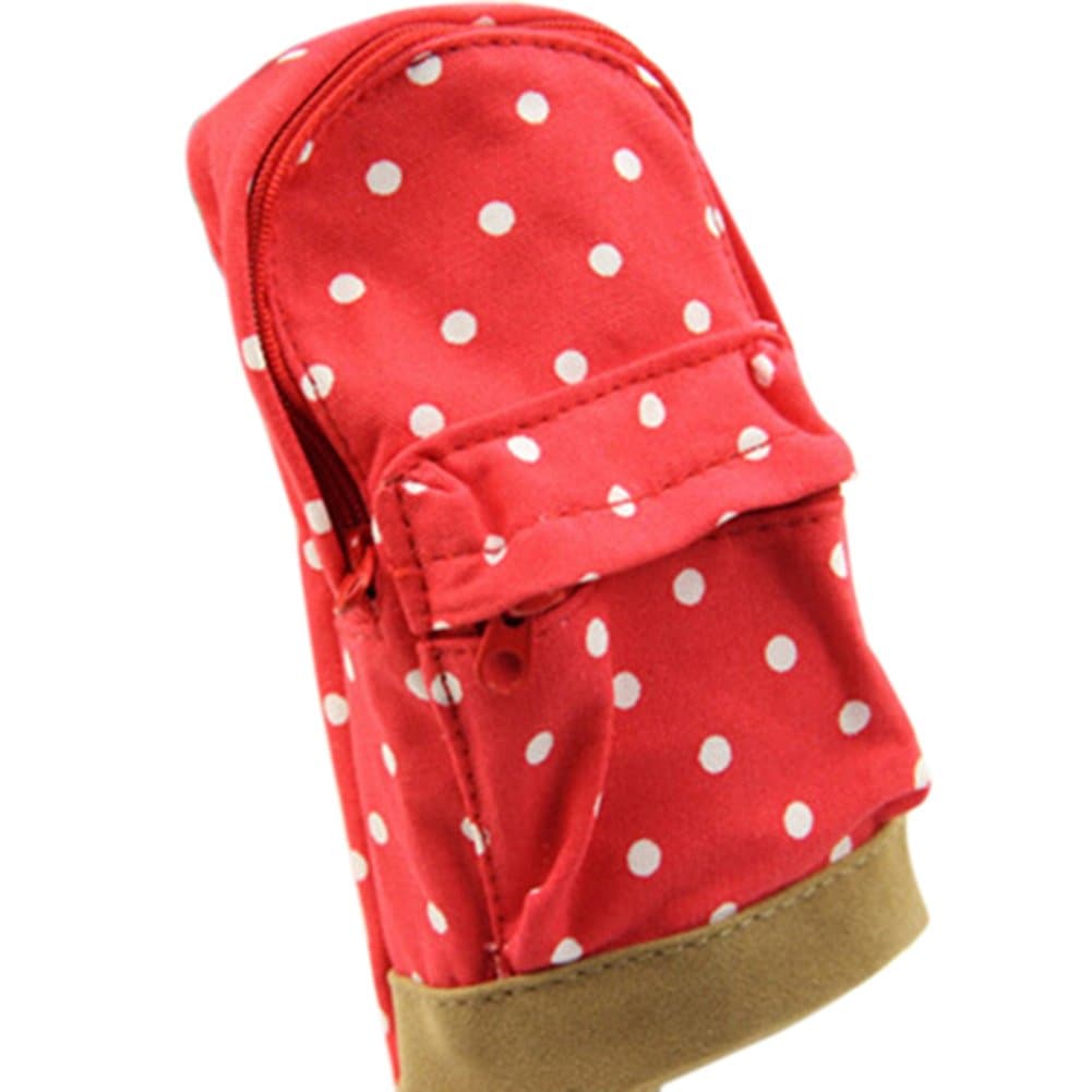 little finger Fashion Mini Backpack Shaped Dot Pattern Canvas Zipper Pencil Case Storage Pouch - Red