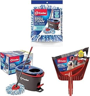 O-CedarEasyWring RinseClean Spin Mop Microfiber Refill, 1-Pack, Blue & EasyWring RinseClean Microfiber Spin Mop & Bucket Floor Cleaning System, Grey & Pet Pro Broom & Step-On Dustpan PowerCorner, Red
