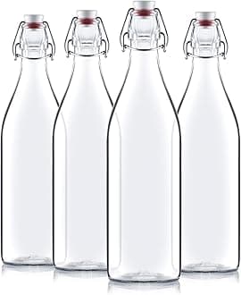 Bormioli Rocco Giara Swing Top Bottles 33 ¾ Ounce/1 Liter (4 Pack) ROUND Clear Glass Grolsch Flip Top Bottle With Stopper, for Beverages, Smoothies, Kefir, Beer, Soda, Juicing, Kombucha, Water, Milk, Oil and Vinegar, set of 4