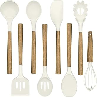 Umite Chef Non-Stick Silicone Kitchen Utensils Set with Natural Acacia Hard Wood Handle, 8 Pieces Kitchen Spatulas Set, White, BPA Free, Baking, Serving and Cooking Utensils