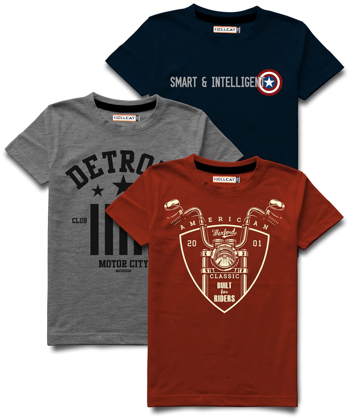 HELLCATPrinted Round Neck Cotton tshirt for Boys - Combo Pack of 3