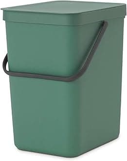 Brabantia Sort & Go Waste Bin 25L (Fir Green), Space-Efficient Plastic Recycle Container with Handle, Removable and Stay-Open Lid, Easy to Clean Kitchen Bin without Nooks and Rims