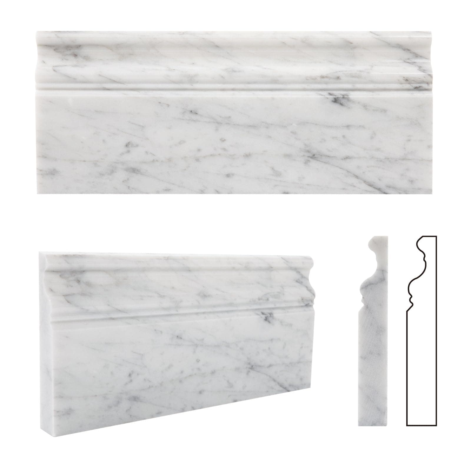 4 Pcs Marble Baseboard Tile, Carrara White Marble Baseboard Trim Molding, 5x12 Inch, Polished, Marble Wall Skirting Base Trim Moulding for Shower Bathroom Wall Kitchen Backsplash