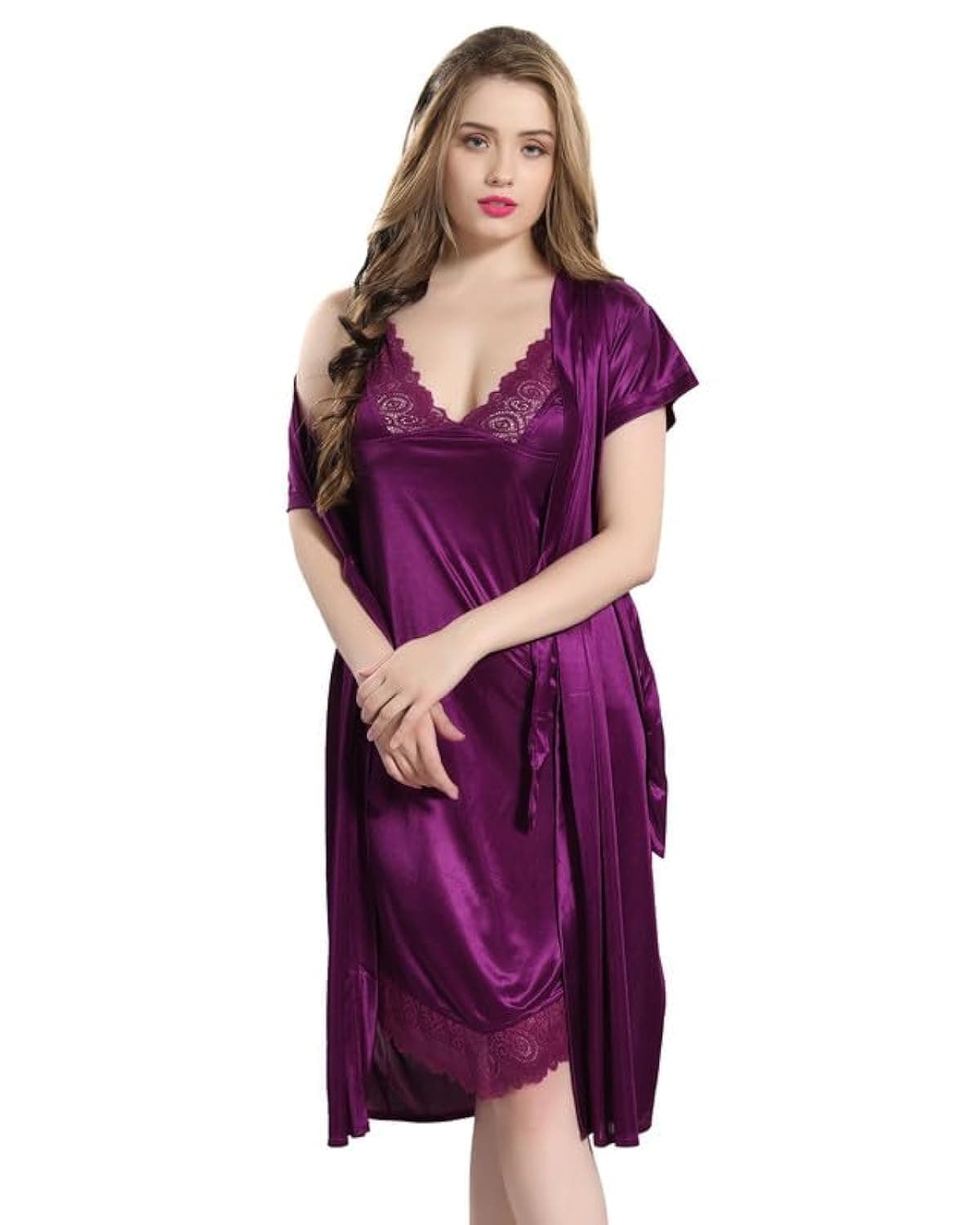 Women's Satin Solid Knee Length Nighty
