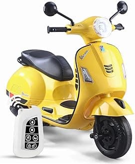 12V Vespa Rechargeable Battery Ride-On Scooter for Kids with Remote Control, Music, LED Lights & Training Wheels - Safe & Fun Electric Motorcycle for Ages 1-6 - Yellow