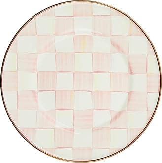 MACKENZIE-CHILDS Enamel Salad and Dessert Plate, Small Plate for Appetizers or Desserts, 8 Inches, Pink-and-White Rosy Check