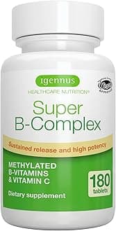 Igennus Super B-Complex Methylated B Vitamins - Sustained Release, Clean Label & High Absorption, with 5-MTHF Folate & Methyl B12, Energy, Mood & Cognitive Performance, Lab Verified, 180 Small Tablets