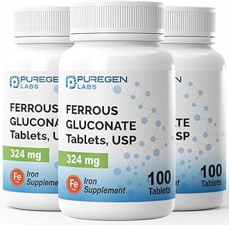 Puregen Labs Ferrous Gluconate 324 mg [High Potency] Iron Supplement, Gentle on Stomach | 3 Pack - 300 Tablets Total