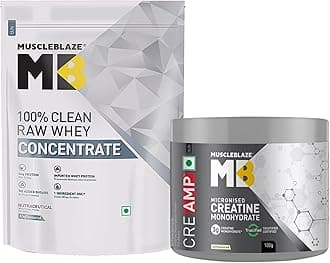 MuscleBlaze Raw Whey 80% with Digestive Enzymes, Unflavoured, 1 kg / 2.2 lb & Creatine Monohydrate CreAMP™ with CreAbsorb™, Unflavoured, 100 g / 0.22 lb (Combo Pack)