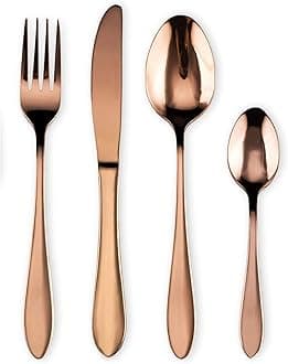 Mirror Finish Rose Gold Plated Stainless Steel Flatware Set Copper Silverware Set Rose Gold Spoon Color Cutlery Set [Dinner Fork-Tea Spoon-Salad Spoon-Knife] Set of (Set of 4)
