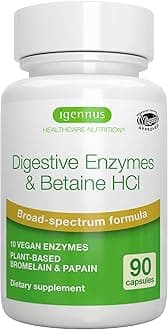 Igennus Advanced Digestive Enzymes & Betaine HCl, with Protease, Broad Spectrum, Lipase & Lactase, Plant-Based Vegan Papain & Bromelain, Clean Label, 90 Capsules,