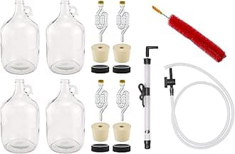 North Mountain Supply 1 Gallon Glass Fermenting Jug with Handle, 6.5 Rubber Stopper, 6-Bubble Airlock, & Black Plastic Lid -Set of 4 -with Quick Start Auto Siphon, Hose, Valve, Clip & Cleaning Brush