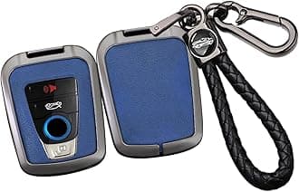 SANRILY Metal Leather 4 Button Smart Key Fob Cover Compatible with BMW i8 2014-2022 i3 Accessories Keyless Anti-Scratch Key Fob Protector with Weave Keychain Black-Blue