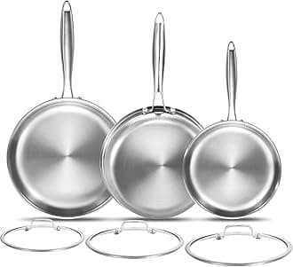 DELARLO Tri-Ply Stainless Steel Pan, 18/10 Frying Pan, Oven Safe Up to 600°F, Nontoxic Cookware, Compatible with All Cooktops Skillet, Durable, Fast Even Heat Fry Pan,8" 10" 12" with lids