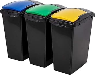 Addis Recycling 40 Litre Set of 3 Waste Utility Plastic Bins Interlocking Clips, Lift, Blue & Yellow, Black Colour Coded Lids Green, Blue, Yellow, 3 x 40