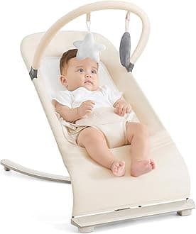 3-in-1 Portable Baby Bouncer & Rocker Chair for Newborn to Toddler - 4 Adjustable Recline Positions, Breathable Cotton Fabric, Natural Vibration, Supports Up to 33 lbs (Oatmeal Khaki)