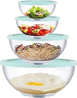 Glass Mixing Bowls with Lids Set, 8 Pieces Glass Salad Bowl Set with Lids(0.6QT,1.1QT,2.2QT,4QT) High Brosilicate Microwave Bowls for Kitchen Baking, Prepping Serving and Storage, Great Gift