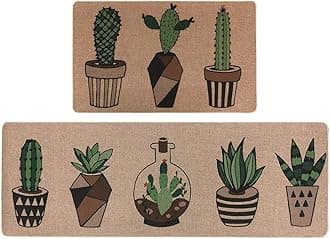 Kitchen Mats for Floor 2 Piece Non Skid Kitchen Floor Mats Anti Fatigue Mat Kitchen Rubber Back Absorbent Kitchen Rug Set Cactus Green Kitchen Rugs for Doormat Bathroom 17''x29''+17''x47'
