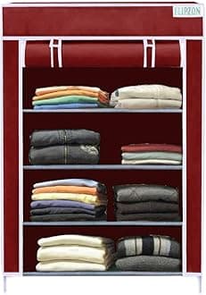 FLIPZON | 4 Shelves Baby Foldable Wardrobe | Non-Woven Fabric Shelves | Maroon, Metal, 72 Cm, 58 Cm