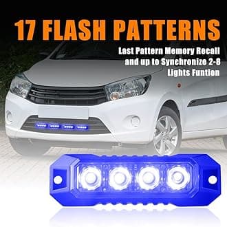 Raryloy 4-LED Surface Mount Strobe Lights for Trucks Car Vehicle Mini Grille Flashing Light Head Emergency Hazard Warning Grill Lamp Ultra Slim 4pcs Sync Feature (Blue)
