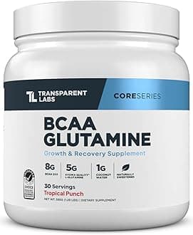 Transparent Labs BCAA Glutamine - 8000 Mg of BCAA Powder with L Glutamine for Post Workout Recovery, Muscle Growth, & Increased Endurance - 30 Servings, Tropical Punch