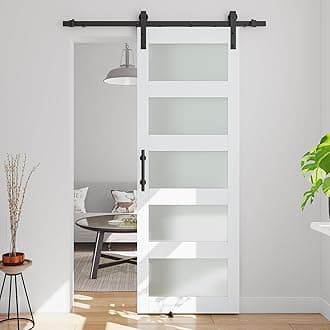 28in x 84in 5-Panel Sliding Glass Barn Door with 5ft Hardware Kit Included, Easy Assembly with Pre-Drilled Holes, Waterproof, Frosted Glass for Bathroom-Fit Max Opening 26in x 82in, White