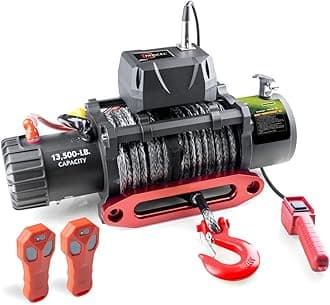 13500lb Waterproof Electric Black Synthetic Rope Winch with Hawse Fairlead, Infrared Remote Control and Wired Control