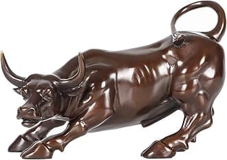 Bronze Wall Street Bull Statue Sculpture Stock Market Charging Bull Animal Figurine Art Home Office Decor 7.8" L