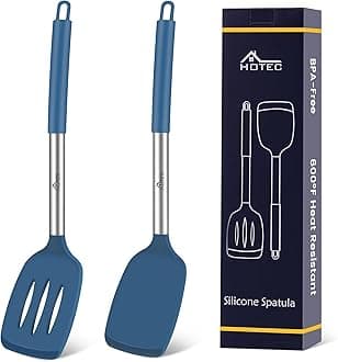 Silicone Spatula Set of 2 Heat-Resistant 600°F & BPA-Free Kitchen SaptulaTurner with Stainless Steel Handles, Slotted & Solid Spatulas for Nonstick Cookware, 13.7 Inch, Classic Blue