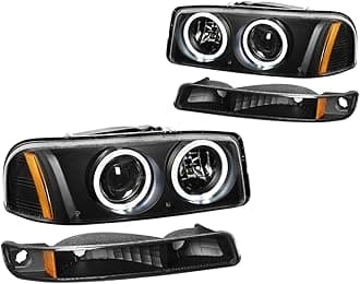 PM PERFORMOTOR Black Housing Amber Corner LED U-Halo Projector Headlight Replacement Compatible With 99-07 Sierra 1500/01-07 Sierra 2500 HD / 3500/1500 HD, PMHL-GSIE-9906-4P-HA-P-BA