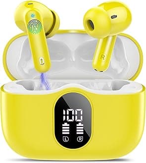 Wireless Earbuds, Bluetooth 5.4 Headphones Bass Stereo, Ear Buds with Noise Cancelling Mic, IP7 Waterproof in Ear Earphones, 36H LED Display Bluetooth Earbuds for Laptop Pad Phones, Golden Yellow