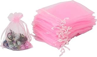 HRX Package 100pcs Pink Organza Bags,4 x 6 inches Wedding Christmas Favors Gift Drawstring Bags Jewelry Pouches