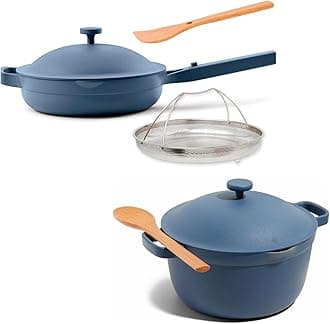 Cookware Duo | 7-Piece Ceramic Cookware Set with 10.5" Always Pan 2.0, 5.5 Qt Perfect Pot & Strainer Basket | Induction & Oven Safe up to 450°F | Nonstick, Non-Toxic Cookware | Blue Salt