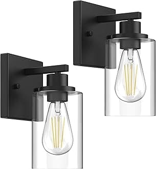 Wall Sconces Set of 2 Matte Black Vanity Lights for Bathroom, Modern Wall Light Fixtures Sconce Lights Indoor with Clear Glass Farmhouse Wall Mount Lamp for Bedroom Mirror Living Room Hallway E26 Base