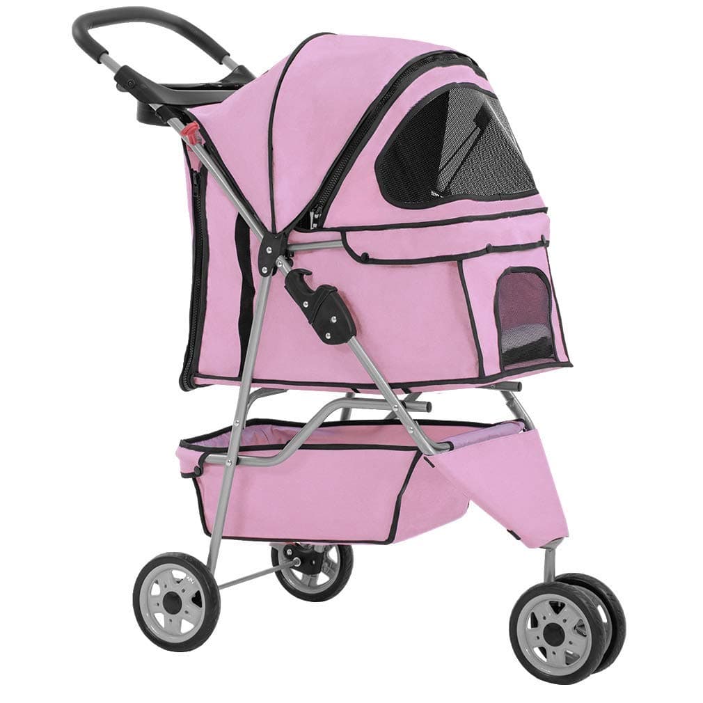3 Wheels Pet Dog Stroller Cat Cage for Medium Small Dogs Cats Travel Folding Carrier Waterproof Puppy Stroller with Cup Holder & Removable Liner,Pink