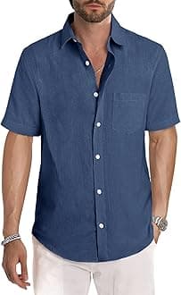 JMIERRMen's Casual Stylish Short Sleeve Button-Up Striped Dress Shirts Cotton Beach Shirt