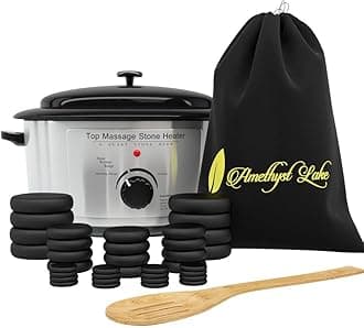 Hot Stones Massage Set With Warmer Pot - 36 Basalt Hot Stone 6 Quart Oven Water Heater Kit, Portable & Perfect for Salon and Home Use with Black Velvet Drawstring Bag & Wood Spatula