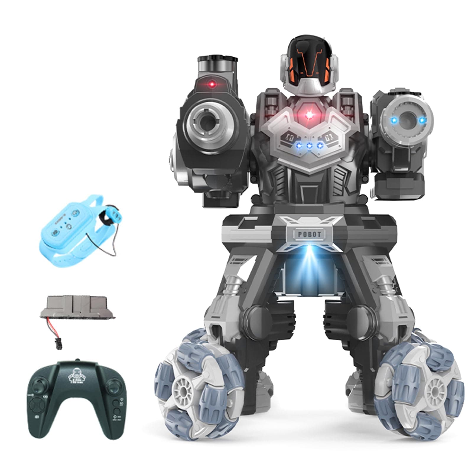 – OUNA Robot Toy, 2.4G Remote Control Robot 4 Wheel Drive Water Bomb Spray Robot Toy with Lights Music 2 Remote Control for Kids Boys