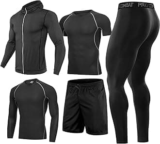 BOOMCOOL 5Pcs Gym Clothes Men Tracksuit Sets Running Wear Compression Shirts Sleeve Tops Jackets Long Suits Leggings Shorts Sports Activewear for Athletic