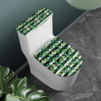 Green Clover Toilet Lid and Tank Cover Black White Stripes Washable Toilet Seat Cover for Indoor St. Patrick's Day Clover Luck Grass Fits Most Toilet Tanks & Lids