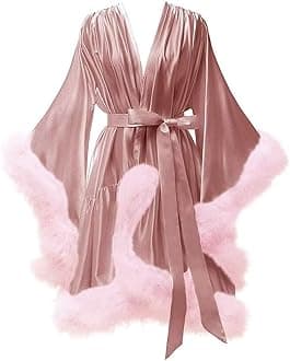 Changuan Women's Feather Robe Silk Satin Fur Bridal Robe Short Dressing Gown Bathrobe Lingerie Nightgown Sleepwear