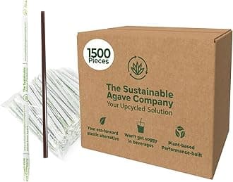 Sustainable Agave Co - Agave Fiber Invidivually Wrapped Drinking Straws - 1500 Count - Plant-Based, Made With Upcycled Materials, Reusable - Brown, Regular, 8"