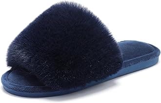 ParlovableWomen's Faux Fur Slippers Fuzzy Flat Spa Fluffy Open Toe House Shoes Indoor Outdoor Slip on Memory Foam Slide Sandals