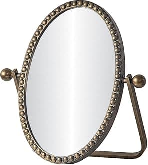 Table Mirror, Desk Makeup Mirror Metal Framed with Stand, Bronze Oval Vintage Vanity Mirrors 360 Adjustable Rotation for Tabletop, Bedroom, Bathroom, Living Room, Antique 10.8'' x 7''