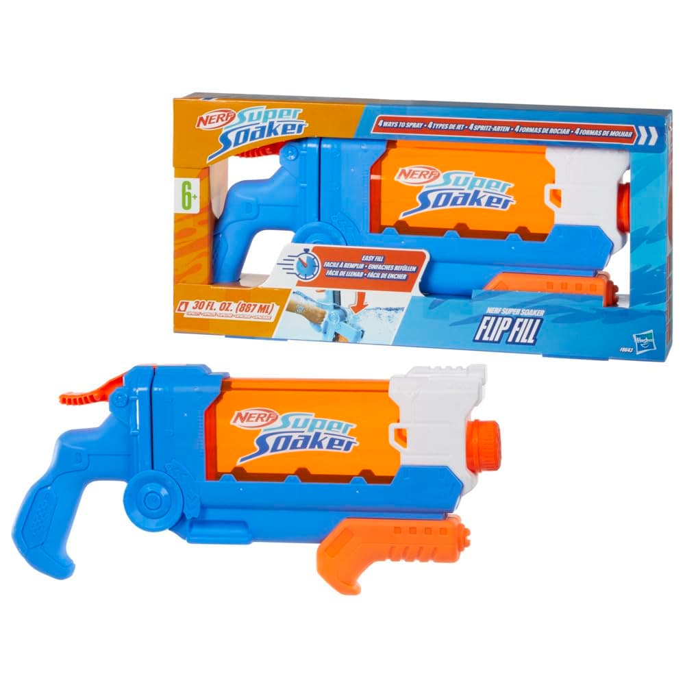 Nerf Super Soaker Flip Fill Water Blaster | 4 Spray Styles | Fast Fill | Large 890ml Water Tank | Pichkari for Outdoor Water Games | Pichkari for Holi Festival | Kids Ages 6+ | Birthday Gift for Kids