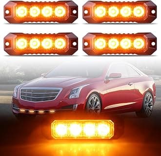 4-LED Surface Mount Strobe Lights for Trucks Car Vehicle Mini Grille Flashing Light Head Emergency Hazard Warning Grill Lamp Ultra Slim 4pcs Sync Feature (Amber)