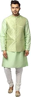 Uri and MacKenzie Men's Silk Blend Regular Kurta Churidar Pyjama with Bundi Nehru Jacket/Waistcoat