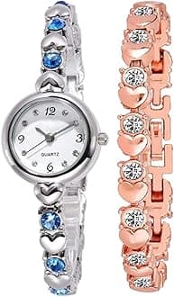 Silver Heart Shape Round dial Blue Diamond with Rosegold Bracelet Super Quality Watch for Girls and Watch for Women Pack of - 2 Gift for Special FASTIVAL Offer