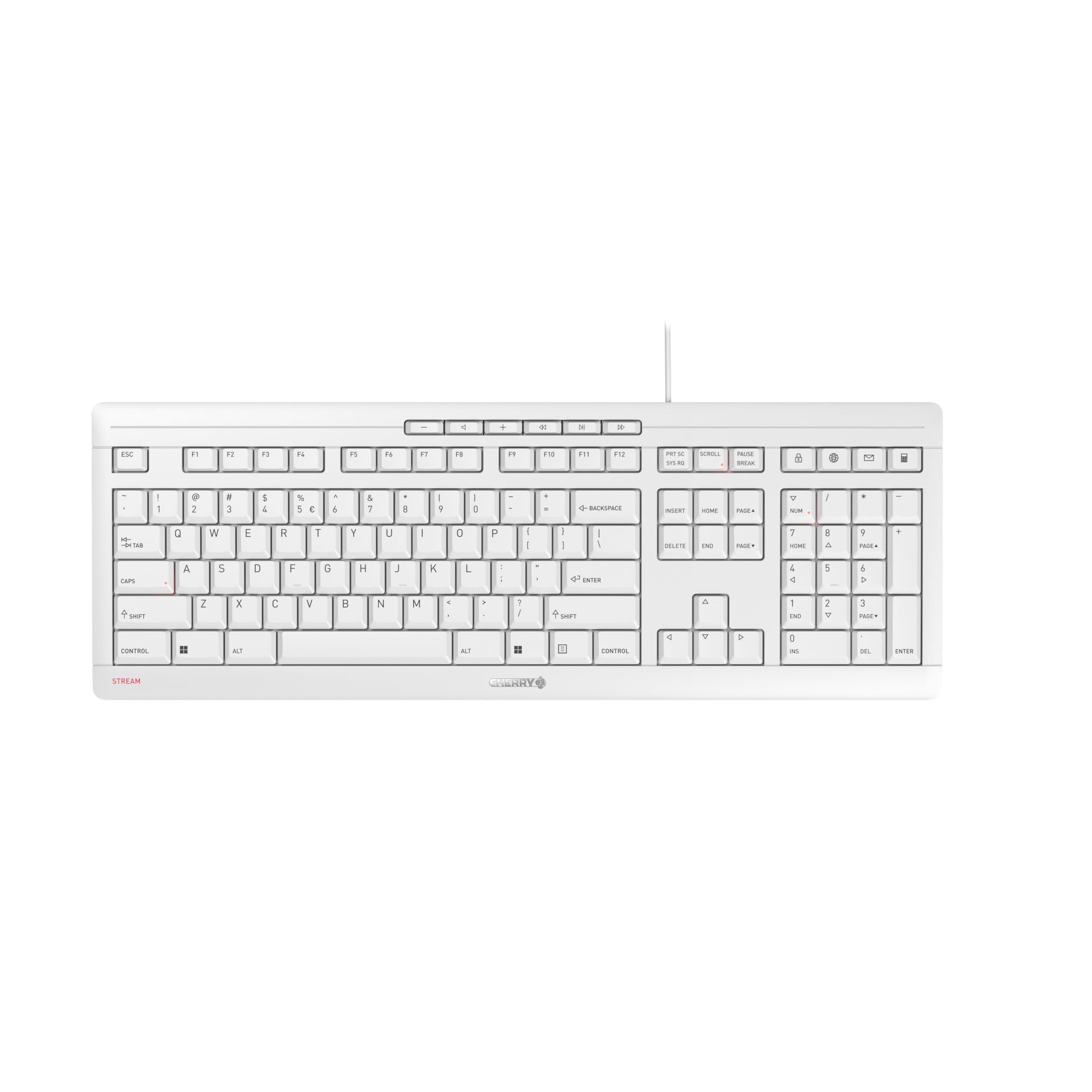 CHERRY STREAM KEYBOARD, Wired Keyboard, EU Layout (QWERTY), Whisper-Quiet Keystrokes, Unique Typing Experience, Flat Design, White-Grey
