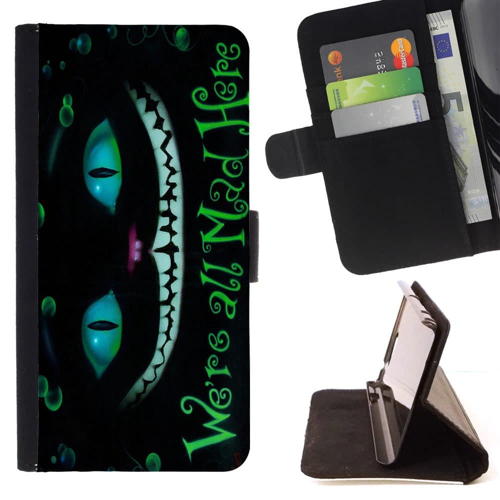 - We 're All Mad Here Cat - - Style PU Leather Case Wallet Flip Stand Flap Closure Cover FOR Apple Iphone 5 / 5S - Devil Case -